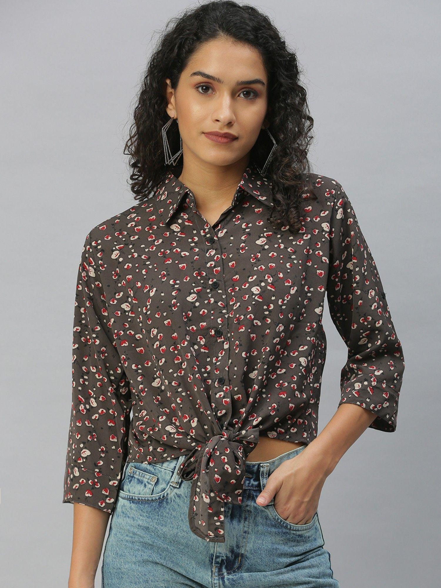 women regular fit roll-up sleeves brown floral shirt