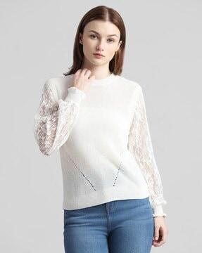 women regular fit round-neck pullover with cuffed sleeves