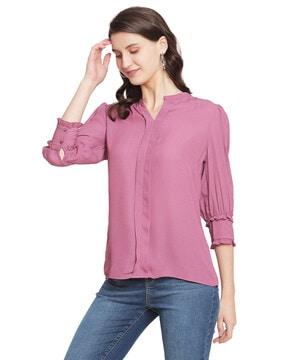 women regular fit round-neck top with puffed sleeves