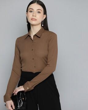 women regular fit shirt with curved hem