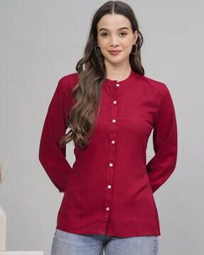 women regular fit shirt with mandarin collar