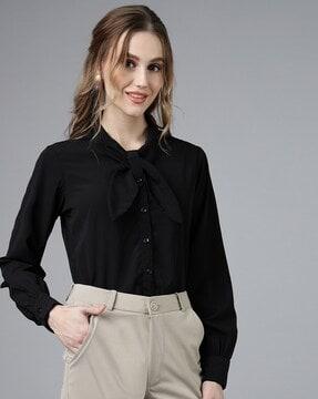 women regular fit shirt with tie-up neck