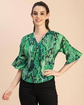 women regular fit snake print top with bell-sleeve