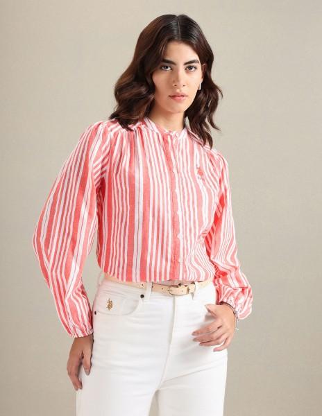 women regular fit striped mandarin collar casual shirt