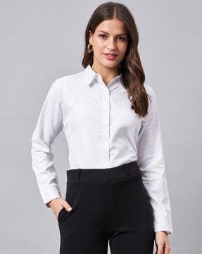 women regular fit striped shirt with cuffed sleeves