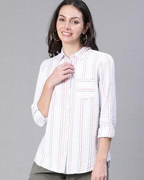 women regular fit striped shirt with patch pocket