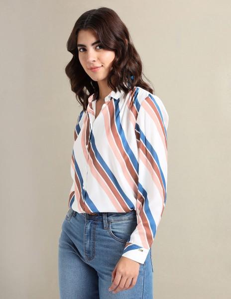 women regular fit striped spread collar casual shirt