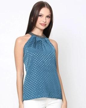 women regular fit tie-up neck top