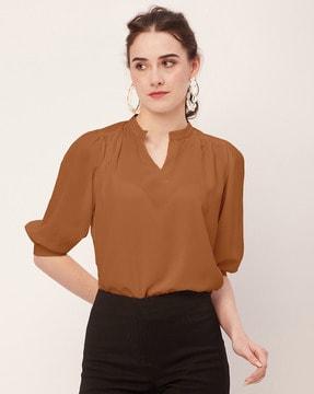 women regular fit top with cuffed-sleeves