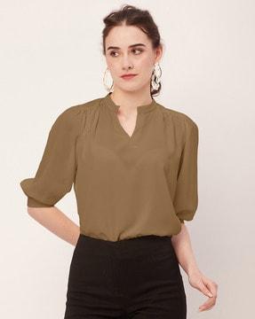 women regular fit top with cuffed-sleeves