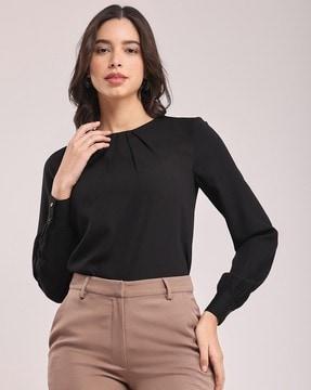 women regular fit top with cuffed sleeves