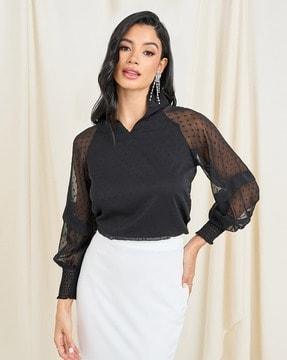 women regular fit top with frilled sleeves