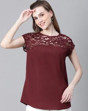 women regular fit top with lace overlay