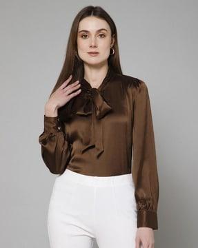 women regular fit top with neck tie-up