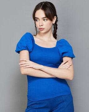 women regular fit top with puff sleeves