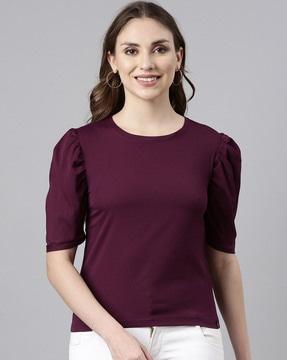 women regular fit top with puff sleeves