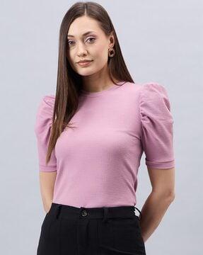 women regular fit top with puff sleeves