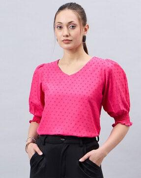 women regular fit top with puff sleeves