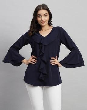 women regular fit top with ruffled detail & bell sleeves