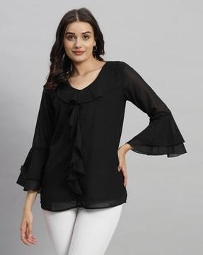 women regular fit top with ruffled detail & bell sleeves