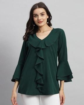 women regular fit top with ruffled detail & bell sleeves