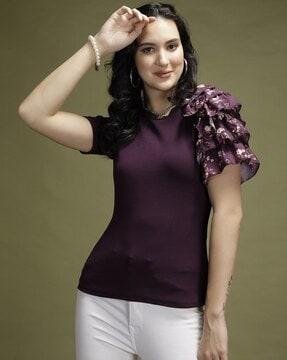 women regular fit top with ruffled-sleeves
