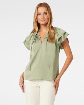 women regular fit top with tie-up neck