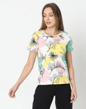 women regular fit tropical print t-shirt with crew neck