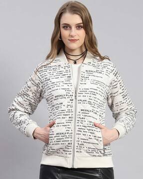 women regular fit typographic print biker jacket