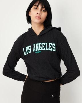 women regular fit typographic print hoodie