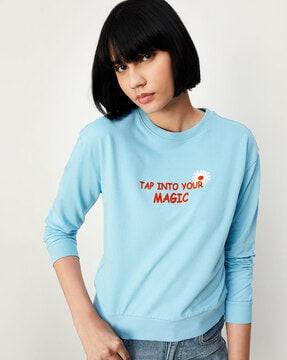 women regular fit typographic print sweatshirt