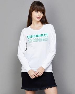 women regular fit typographic print sweatshirt