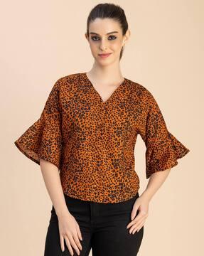 women regular fit v-neck top with bell sleeves