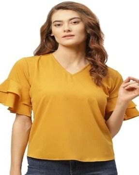 women regular fit v-neck top with bell sleeves