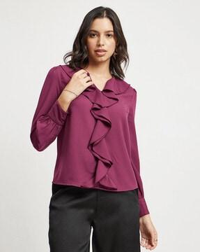 women regular fit v-neck top with ruffled detail