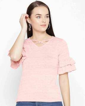 women regular fit v-neck top with ruffled sleeves