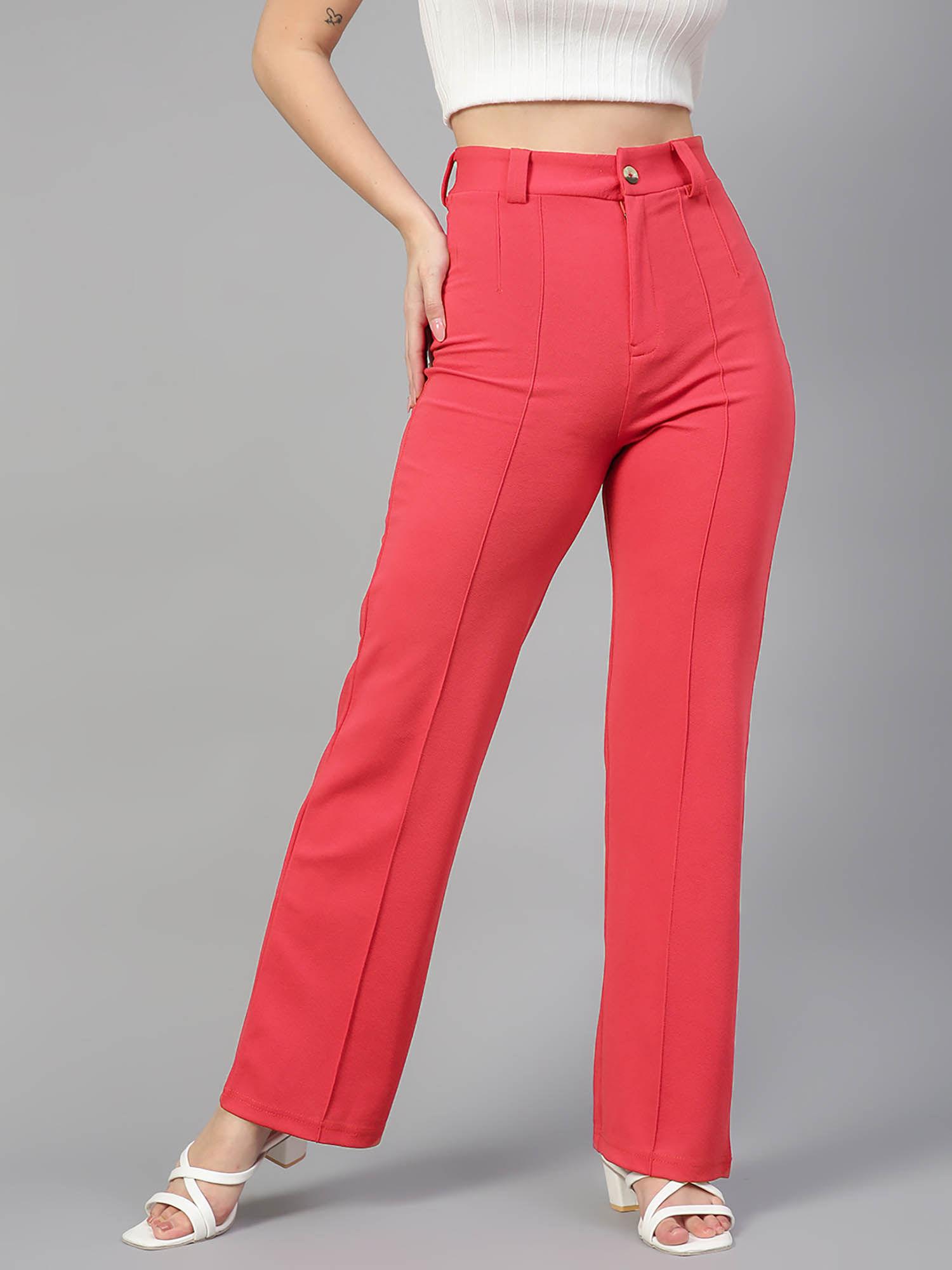 women regular fit viscose rayon solid trousers pink