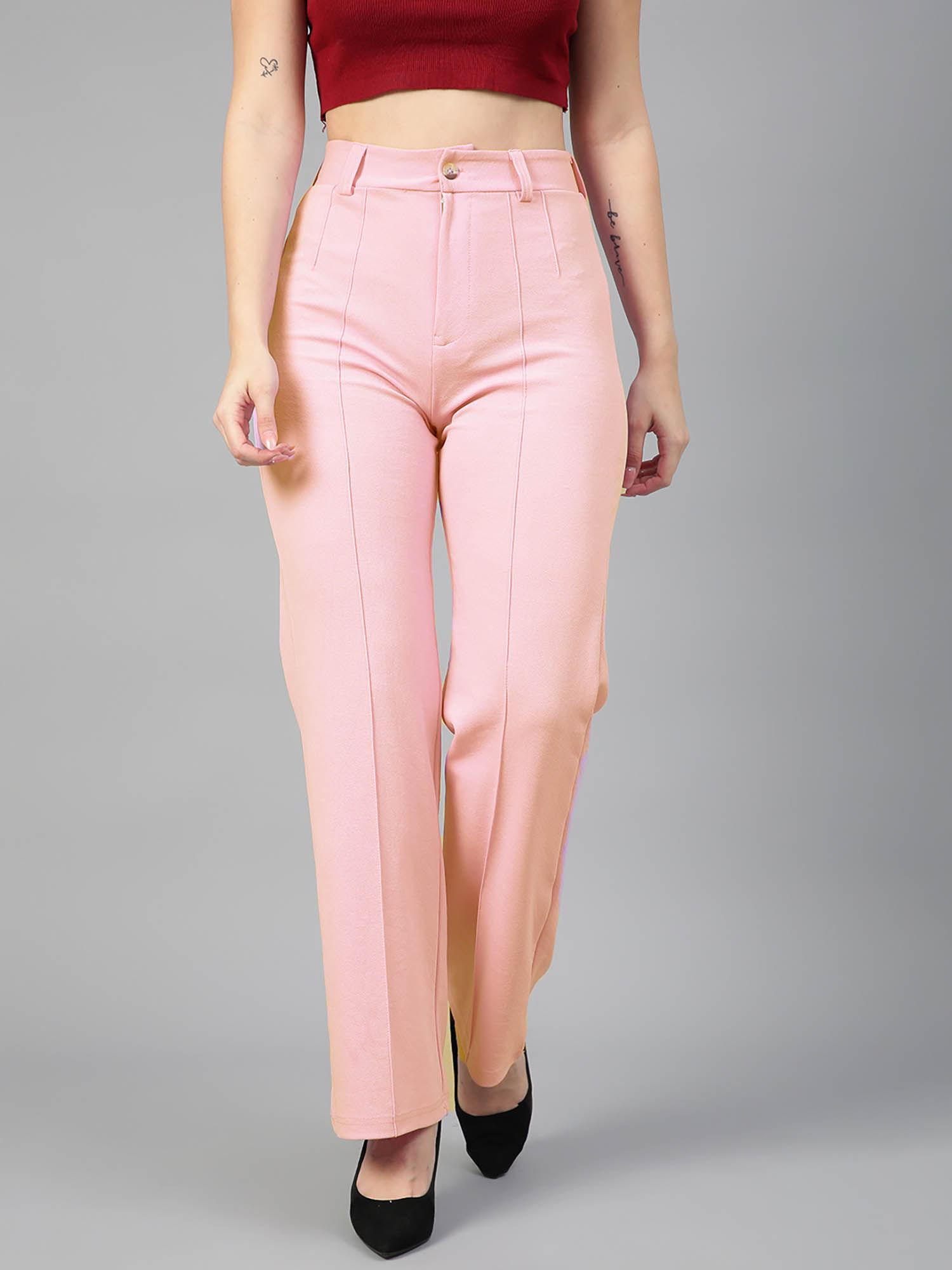 women regular fit viscose rayon solid trousers pink