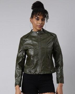 women regular fit zip-front biker jacket