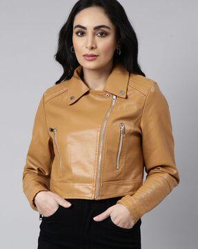 women regular fit zip-front biker jacket