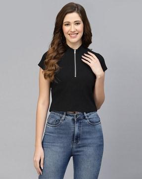 women regular fit zip-front crop top