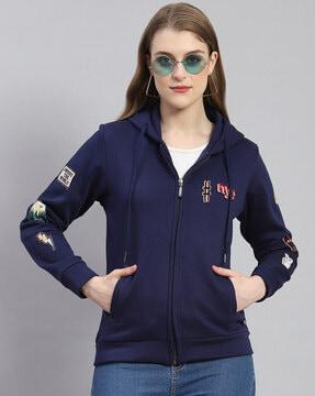 women regular fit zip-front hoodie with badges