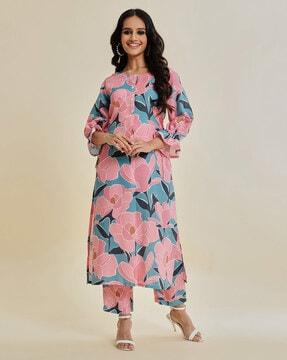 women regular floral print kurta pants set