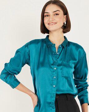 women relaxed fit button-down shirt with patch pocket