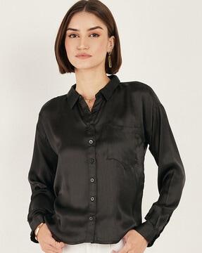 women relaxed fit button-down shirt with patch pocket