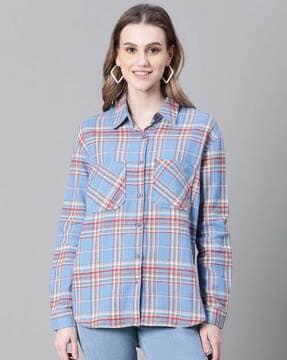 women relaxed fit checked shirt with patch pockets