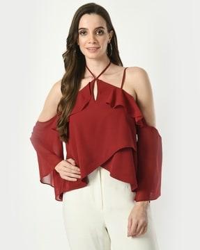 women relaxed fit cold-shoulder sleeves ruffled top