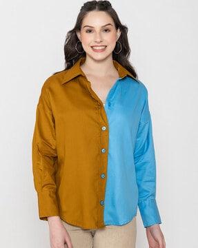 women relaxed fit colourblock shirt with spread collar