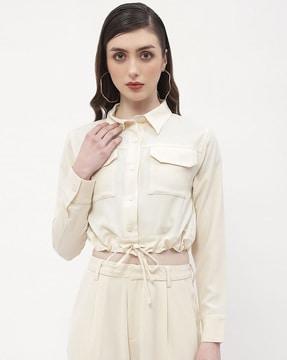 women relaxed fit crop shirt with flap pockets