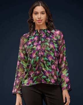 women relaxed fit floral print pin tucks top